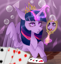 Size: 961x1000 | Tagged: safe, artist:lissfoxz, twilight sparkle, alicorn, pony, g4, bust, card, colored hooves, crown, eyelashes, female, glowing, glowing horn, horn, jewelry, magic, mare, mirror, playing card, reflection, regalia, solo, telekinesis, tiara, twilight sparkle (alicorn)