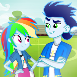 Size: 720x720 | Tagged: safe, artist:mlplary6, rainbow dash, soarin', human, equestria girls, g4, boyfriend and girlfriend, crossed arms, equestria girls-ified, female, looking at each other, looking at someone, male, ship:soarindash, shipping, smiling, smiling at each other, straight, student