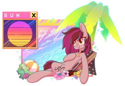 Size: 1075x744 | Tagged: safe, artist:wavecipher, oc, oc only, oc:velvet silverwing, bat pony, pony, aesthetics, collar, palm tree, reclining, simple background, solo, transparent background, tree