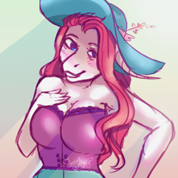 Size: 3000x3000 | Tagged: safe, artist:77jessieponygames77, oc, oc only, earth pony, anthro, abstract background, blushing, bust, earth pony oc, female, grin, hat, high res, smiling, solo, sun hat