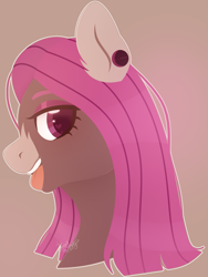 Size: 1359x1806 | Tagged: safe, artist:77jessieponygames77, oc, oc only, earth pony, pony, bust, ear fluff, ear piercing, earth pony oc, eyelashes, female, mare, open mouth, piercing, simple background, smiling, solo