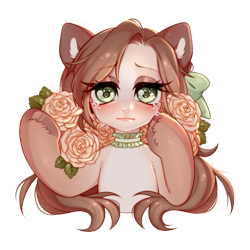 Size: 894x894 | Tagged: safe, artist:miioko, oc, oc only, earth pony, original species, pony, human head pony, blushing, choker, crying, ear fluff, earth pony oc, eyelashes, female, flower, makeup, mare, rose, simple background, solo, transparent background