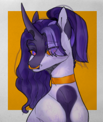 Size: 911x1080 | Tagged: safe, artist:meggychocolatka, oc, oc only, pony, unicorn, abstract background, bust, choker, eye clipping through hair, female, horn, mare, nose piercing, nose ring, piercing, solo, unicorn oc