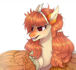 Size: 1280x1175 | Tagged: safe, artist:meggychocolatka, oc, oc only, pegasus, pony, bust, fangs, female, hairband, mare, pegasus oc, simple background, solo, white background, wings
