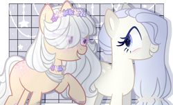 Size: 2997x1829 | Tagged: safe, artist:dillice, oc, oc only, earth pony, pony, base used, bust, duo, earth pony oc, eye clipping through hair, eyelashes, female, floral head wreath, flower, mare, raised hoof