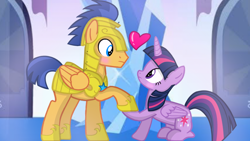 Size: 1280x720 | Tagged: safe, artist:mlplary6, flash sentry, twilight sparkle, alicorn, pegasus, pony, g4, armor, blushing, crush, duo, duo male and female, female, heart, holding hooves, looking at each other, looking at someone, male, mare, royal guard, royal guard armor, ship:flashlight, shipping, stallion, straight, twilight sparkle (alicorn)