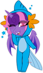 Size: 1677x2826 | Tagged: safe, artist:nekomellow, oc, oc only, oc:cinnamon music, alicorn, bat pony, bat pony alicorn, mudkip, anthro, anthro oc, bat wings, chibi, eye clipping through hair, fangs, fins, high res, horn, multicolored mane, one eye closed, onesie, open mouth, open smile, pink eyes, pokémon, simple background, smiling, solo, stars, tail, transparent background, vampicorn, wings