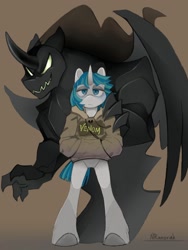 Size: 768x1024 | Tagged: safe, artist:anoraknr, pony of shadows, stygian, shadow pony, unicorn, anthro, g4, clothes, colored hooves, duo, jacket, male, simple background, venom