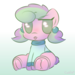 Size: 2000x2000 | Tagged: safe, artist:cushyhoof, oc, oc:yedna letelier, earth pony, pony, :p, blank flank, clothes, cute, female, frog (hoof), gradient background, high res, hoofbutt, hooves, mare, phone drawing, short tail, sitting, solo, sweater, tail, tongue out, unamused, underhoof