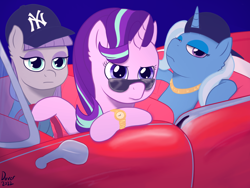 Size: 1600x1200 | Tagged: safe, artist:bigboydover, maud pie, starlight glimmer, trixie, earth pony, pony, unicorn, g4, car, cool, eyeshadow, female, frown, gangster, hat, jewelry, lidded eyes, makeup, mare, signature, sunglasses, swag, the amazing trio of friendship, trio, trio female
