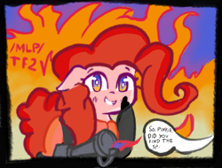 Size: 1721x1311 | Tagged: safe, artist:solid shrimp, pinkie pie, earth pony, pony, g4, /mlp/ tf2 general, crossover, female, fire, flame eyes, flamethrower, floppy ears, mare, pinkie pyro, pyro (tf2), smiling, solo, team fortress 2, weapon, wingding eyes