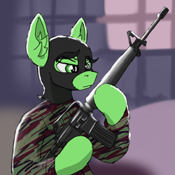 Size: 2012x2012 | Tagged: safe, artist:reddthebat, oc, oc:filly anon, earth pony, pony, ar-15, assault rifle, balaclava, blurry background, camouflage, female, filly, foal, gun, high res, hoof hold, irish, irish republican army, m16a1, rifle, solo, weapon