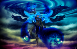 Size: 6000x3873 | Tagged: safe, artist:mauroz, princess luna, human, absurd file size, absurd resolution, anime, breasts, clothes, dark skin, eyebrows, eyebrows visible through hair, floating wings, four wings, gloves, humanized, multiple wings, rain, signature, skull, solo, spread wings, winged humanization, wings