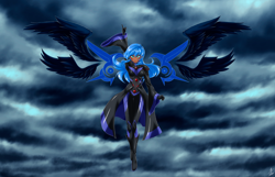 Size: 6000x3873 | Tagged: safe, alternate version, artist:mauroz, princess luna, human, g4, absurd resolution, anime, breasts, clothes, dark skin, eyebrows, eyebrows visible through hair, female, floating wings, four wings, gloves, humanized, multiple wings, signature, solo, spread wings, winged humanization, wings