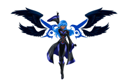 Size: 6000x3873 | Tagged: safe, alternate version, artist:mauroz, princess luna, human, g4, absurd resolution, anime, breasts, clothes, dark skin, eyebrows, eyebrows visible through hair, female, floating wings, four wings, gloves, humanized, multiple wings, signature, simple background, solo, spread wings, transparent background, winged humanization, wings