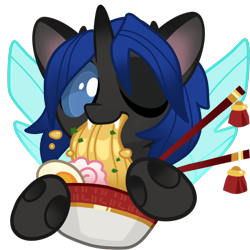 Size: 2000x2000 | Tagged: safe, artist:kez, oc, oc only, oc:swift dawn, changeling, blue changeling, bowl, changeling oc, chopsticks, commission, cute, dexterous hooves, fangs, food, high res, horn, noodles, one eye closed, ramen, ramen face, simple background, solo, transparent background, wings, wink, ych result