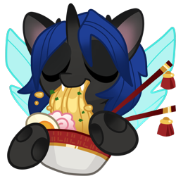 Size: 2000x2000 | Tagged: safe, artist:kez, oc, oc only, oc:swift dawn, changeling, blue changeling, bowl, changeling oc, chopsticks, commission, cute, dexterous hooves, eyes closed, fangs, food, high res, horn, noodles, ramen, ramen face, simple background, solo, transparent background, wings, ych result