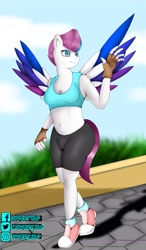 Size: 2039x3500 | Tagged: safe, artist:papery xlp, zipp storm, pegasus, anthro, g5, clothes, compression shorts, female, fingerless gloves, gloves, high res, midriff, shoes, solo, spread wings, wings