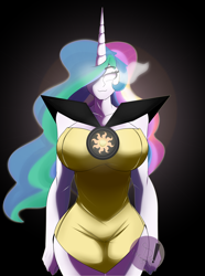 Size: 2220x2980 | Tagged: safe, artist:diamondgreenanimat0, princess celestia, human, g4, 2022, big breasts, breasts, busty princess celestia, clothes, curvy, dress, eye mist, female, halfbody, hands behind back, high res, hips, horn, horned humanization, hourglass figure, humanized, looking at you, pony coloring, pose, seductive look, solo, white eyes