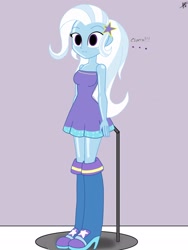 Size: 1536x2048 | Tagged: safe, alternate version, artist:diegosagiro, trixie, human, equestria girls, g4, assisted exposure, boots, clothes, doll, dollified, dress, female, high heel boots, inanimate tf, multiple variants, partially undressed, shoes, solo, spanish, strapless dress, transformation, undressing