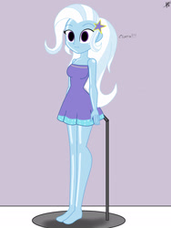 Size: 1536x2048 | Tagged: safe, alternate version, artist:diegosagiro, trixie, human, equestria girls, g4, assisted exposure, barefoot, clothes, doll, dollified, dress, feet, female, inanimate tf, multiple variants, partially undressed, solo, spanish, strapless dress, transformation, undressing