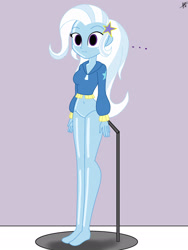 Size: 1536x2048 | Tagged: safe, alternate version, artist:diegosagiro, trixie, human, equestria girls, g4, ..., assisted exposure, barbie doll anatomy, barefoot, bottomless, breasts, clothes, doll, dollified, featureless crotch, feet, female, inanimate tf, jacket, multiple variants, nudity, partial nudity, partially undressed, solo, transformation, undressing