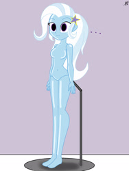 Size: 1536x2048 | Tagged: safe, alternate version, artist:diegosagiro, trixie, human, equestria girls, g4, ..., assisted exposure, barbie doll anatomy, barefoot, breasts, doll, dollified, featureless breasts, featureless crotch, feet, female, inanimate tf, multiple variants, nudity, solo, transformation, undressed