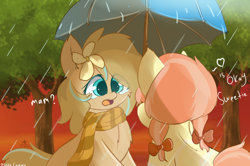 Size: 1600x1065 | Tagged: safe, artist:grithcourage, oc, oc:dreamy creamy, oc:grith courage, earth pony, pony, adorable face, afternoon, clothes, crying, cute, dialogue, duo, duo female, female, flower, flower in hair, mother and child, mother and daughter, rain, scarf, striped scarf, tape, text, tree, umbrella