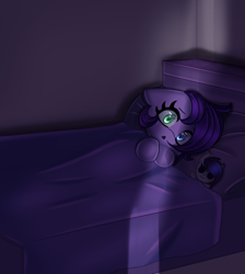 Size: 2154x2405 | Tagged: safe, artist:opal_radiance, oc, bat, pony, bed, cuddling, ears back, heterochromia, high res, in bed, lying down, plushie, scared, solo