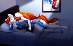 Size: 1585x1002 | Tagged: safe, artist:scarlet-spectrum, oc, oc only, oc:diamond sun, oc:hawker hurricane, pegasus, anthro, unguligrade anthro, anthro oc, bed, colored, colored wings, commission, cuddling, duo, duo male and female, eyes closed, female, hawkmond, lying down, male, mare, on bed, on side, pegasus oc, pillow, sleeping, smiling, spooning, stallion, two toned wings, watermark, wings