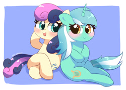 Size: 2676x1909 | Tagged: safe, artist:leo19969525, bon bon, lyra heartstrings, sweetie drops, pony, unicorn, g4, adorabon, blushing, cute, female, happy, lesbian, looking at each other, looking at someone, lyrabetes, open mouth, open smile, ship:lyrabon, shipping, simple background, sitting, smiling, talking