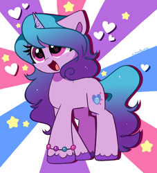 Size: 3896x4296 | Tagged: safe, artist:kittyrosie, izzy moonbow, pony, unicorn, g5, abstract background, absurd resolution, blushing, bracelet, cute, female, happy, heart, izzybetes, jewelry, mare, open mouth, signature, solo, starry eyes, stars, unshorn fetlocks, wingding eyes