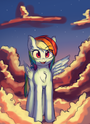 Size: 1688x2320 | Tagged: safe, artist:alexander56910, rainbow dash, pegasus, pony, g4, chest fluff, cloud, happy, raised eyebrow, remake, sky, solo, spread wings, wings