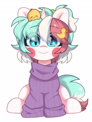 Size: 3106x4096 | Tagged: safe, artist:cottonsweets, oc, oc only, oc:cottonsweets, bird, duck, pony, unicorn, clothes, eye clipping through hair, female, hairpin, horn, looking at you, mare, simple background, sitting, smiling, smiling at you, solo, sweater, white background