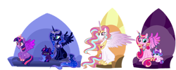 Size: 1280x512 | Tagged: safe, artist:itsvoids, princess cadance, princess celestia, princess flurry heart, princess luna, twilight sparkle, oc, oc:twilight eventide, alicorn, pony, g4, alternate design, baby, baby pony, beard, brown, ear piercing, earring, facial hair, female, filly, foal, horn, horn jewelry, jewelry, lesbian, magical lesbian spawn, mare, missing cutie mark, necklace, offspring, parent:princess luna, parent:twilight sparkle, parents:twiluna, piercing, ship:twiluna, shipping, simple background, transparent background, twilight sparkle (alicorn)
