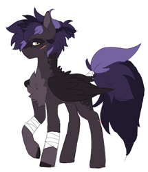 Size: 1852x2157 | Tagged: safe, artist:void-sommar, oc, oc only, pegasus, pony, body markings, chest fluff, colored ears, facial markings, leg wraps, looking at you, offspring, pale belly, parent:dumbbell, parent:rainbow dash, parents:dumbdash, raised hoof, scar, simple background, solo, tail, tail wrap, white background