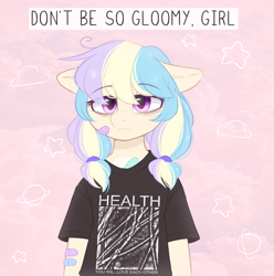 Size: 1161x1169 | Tagged: safe, artist:higglytownhero, oc, oc only, anthro, bandage, clothes, female, frown, health (band), sad, shirt, solo