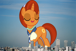 Size: 2048x1370 | Tagged: safe, artist:dashiesparkle, artist:thegiantponyfan, stellar flare, pony, unicorn, g4, coat markings, eyes closed, female, giant pony, giant stellar flare, giant unicorn, giantess, highrise ponies, irl, japan, jewelry, macro, mare, mega giant, necklace, open mouth, pearl necklace, photo, ponies in real life, raised hoof, smiling, socks (coat markings), story included, tokyo
