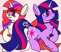 Size: 645x556 | Tagged: safe, artist:cutiesparke, moondancer, twilight sparkle, pony, unicorn, g4, belly fluff, chest fluff, colored pupils, duo, duo female, female, frown, grimace, grin, hooves, horn, looking at each other, looking at someone, mare, mirrored, nervous, nervous smile, palindrome get, pink background, raised hoof, simple background, smiling, sweat, tail, unicorn twilight