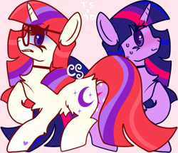 Size: 645x556 | Tagged: safe, alternate version, artist:cutiesparke, moondancer, twilight sparkle, pony, unicorn, g4, alternate versions at source, duo, female, frown, glasses, grimace, grin, looking at each other, looking at someone, mare, mirrored, nervous, nervous smile, pink background, raised hoof, simple background, smiling, sweat, unicorn twilight