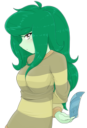 Size: 1539x2245 | Tagged: safe, artist:batipin, wallflower blush, human, equestria girls, g4, arm behind back, breasts, busty wallflower blush, female, hair over one eye, looking at you, simple background, solo, ticket, transparent background