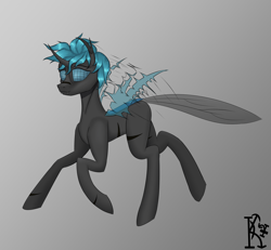 Size: 2600x2400 | Tagged: source needed, safe, artist:kirov, oc, oc only, oc:loshad, changeling, pony, black fur, blue changeling, blue eyes, blue hair, blue wings, compound eyes, high res, horn, hybrid oc, insect wings, scarred, shading, simple background, solo, wings