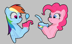 Size: 724x447 | Tagged: artist needed, safe, pinkie pie, rainbow dash, earth pony, pegasus, pony, g4, aggie.io, balloon, cupcake, eating, female, food, mare, simple background, smiling