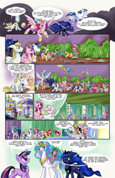 Size: 4400x6800 | Tagged: safe, artist:lytlethelemur, artist:starponys87, idw, apple bloom, applejack, big macintosh, bon bon, derpy hooves, fancypants, fluttershy, lyra heartstrings, minuette, nurse redheart, pinkie pie, prince blueblood, princess cadance, princess celestia, princess luna, rainbow dash, rarity, scootaloo, shining armor, spike, sweetie belle, sweetie drops, twilight sparkle, zecora, alicorn, cat, dragon, earth pony, pegasus, pony, unicorn, zebra, g4, the return of queen chrysalis, spoiler:comic03, spoiler:comic04, alicorn triarchy, alternate ending, butt, comic, concave belly, crown, crying, cutie mark crusaders, dragons riding ponies, female, filly, foal, glowing, glowing horn, good end, height difference, hoof shoes, horn, jewelry, male, mane seven, mane six, mare, parody, physique difference, plot, quadrupedal, regalia, riding, royal guard, royal sisters, sad, siblings, sisters, slender, speech bubble, spike riding celestia, stallion, tears of pain, teary eyes, thin, unicorn twilight, wholesome