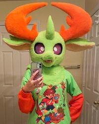 Size: 1440x1796 | Tagged: safe, artist:limeythecheetah, thorax, changedling, changeling, human, g4, cellphone, clothes, cosplay, costume, fursuit, irl, irl human, king thorax, phone, photo, shirt, smartphone