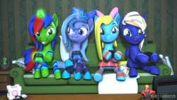 Size: 1920x1080 | Tagged: safe, artist:christian69229, oc, oc only, oc:christian clefnote, oc:cuteamena, oc:electric blue, oc:lulu star moonie, alicorn, earth pony, pegasus, pony, unicorn, 3d, :p, alicorn oc, bow, clothes, commission, controller, couple, double date, earth pony oc, electricute, female, horn, leg warmers, male, mare, nintendo switch, not luna, pegasus oc, pillow, portal, shipping, skirt, smiling, socks, source filmmaker, stallion, striped socks, tongue out, unicorn oc, wings, your character here