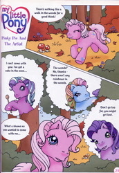 Size: 601x876 | Tagged: safe, kimono, pinkie pie (g3), rainbow dash (g3), sweetberry, earth pony, pony, g3, official, forest, pinkie pie and the artist, solo, thought bubble