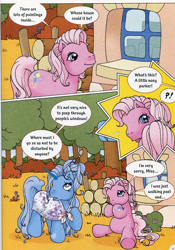 Size: 596x852 | Tagged: safe, artist:heckyeahponyscans, pinkie pie (g3), earth pony, pony, unicorn, g3, official, colored horn, comic, dialogue, forest, hoof heart, horn, house, logs, paintbrush, pinkie pie and the artist, sitting, speech, speech bubble, talking, text, underhoof, unnamed character, unnamed pony
