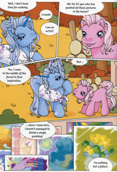 Size: 591x863 | Tagged: safe, artist:heckyeahponyscans, pinkie pie (g3), earth pony, pony, unicorn, g3, official, colored horn, comic, hoof heart, horn, lidded eyes, paintbrush, painting, pinkie pie and the artist, raised hoof, sad, speech, speech bubble, standing, talking, text, turned head, underhoof, unnamed character, unnamed pony