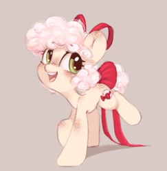 Size: 687x707 | Tagged: safe, artist:melodylibris, oc, oc only, earth pony, food pony, pony, aside glance, beige background, bow, candy, ear freckles, earth pony oc, female, food, freckles, hair bow, looking at you, open mouth, open smile, ponified, raised hoof, raised leg, shoulder freckles, simple background, smiling, smiling at you, solo, tail, tail bow, three quarter view
